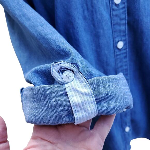 Draper James Blue Cotton Denim Chambray Button Down Top Roll Tab Sleeves Sz 12 - Picture 5 of 10